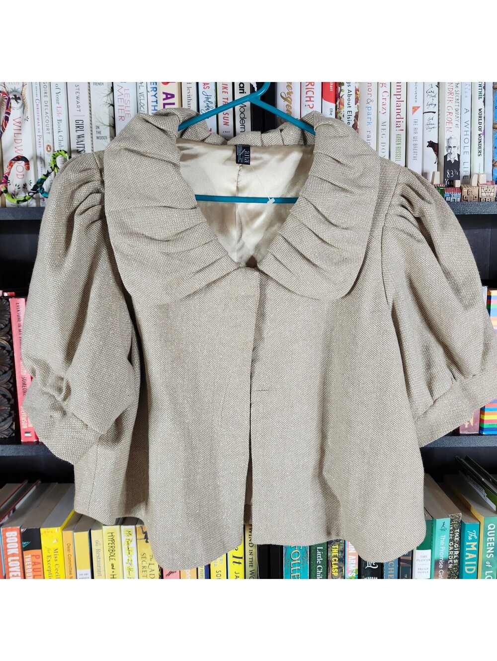 Ana Beige Gold Metallic Puff Sleeve Open Front Cropped Jacket Blazer Size L/XL